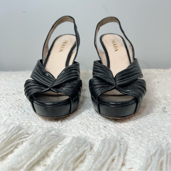 Prada Heels Black Leather Peep Toe Slingback Platform Stiletto High Heels 6.5 - Picture 2 of 8